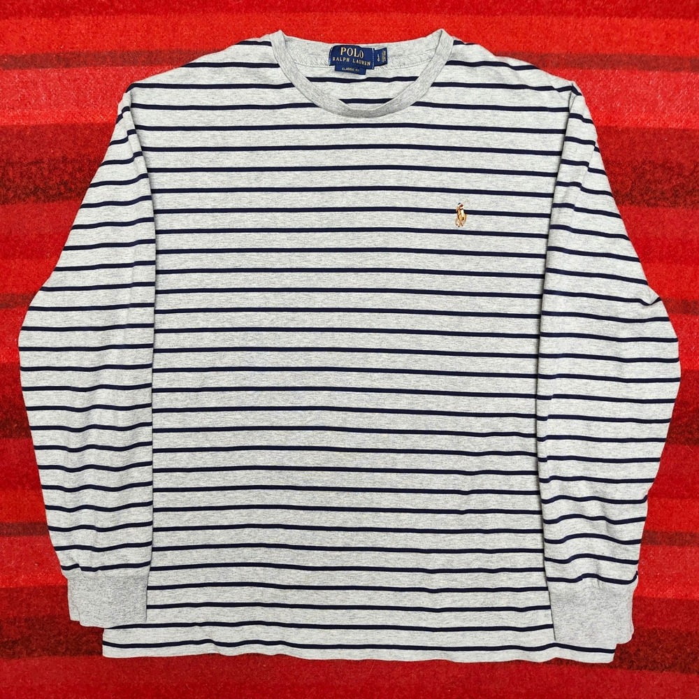 Polo Ralph Lauren Striped Long Sleeve T Shirt Mens Large Gray Flesh Pony